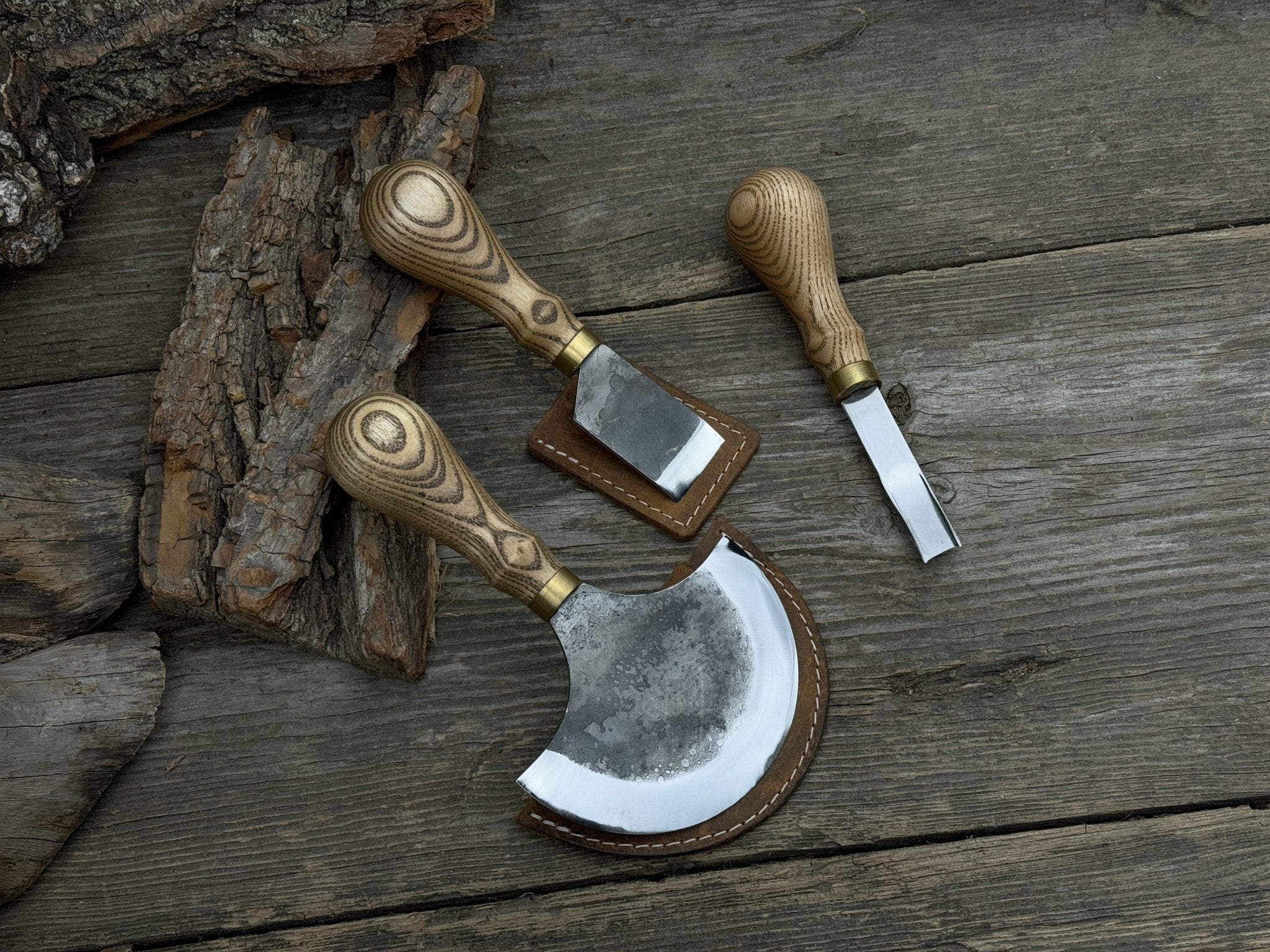 3-piece leather working kit with leather sheaths including half moon knife, flat skiving knife, and edge skiver