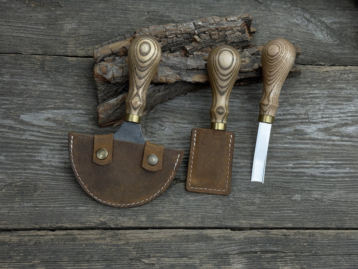 3-piece leather working kit with leather sheaths including half moon knife, flat skiving knife, and edge skiver