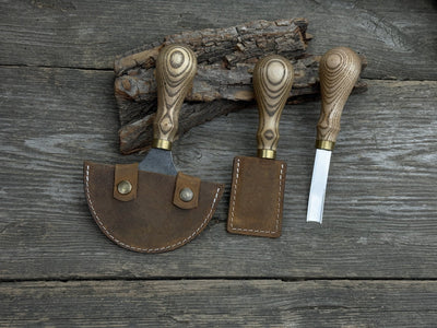 3-piece leather working kit with leather sheaths including half moon knife, flat skiving knife, and edge skiver