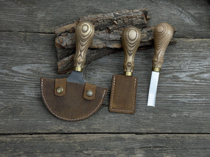 3-piece leather working kit with leather sheaths including half moon knife, flat skiving knife, and edge skiver