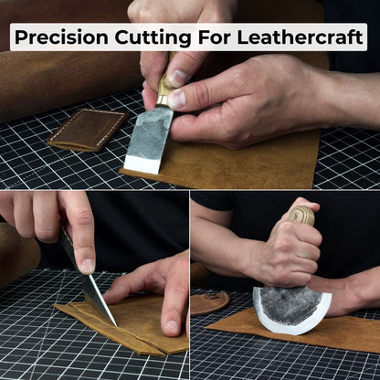 3-piece hand-forged leatherworking knife set with leather sheaths by Sharky Forged Steel Tools