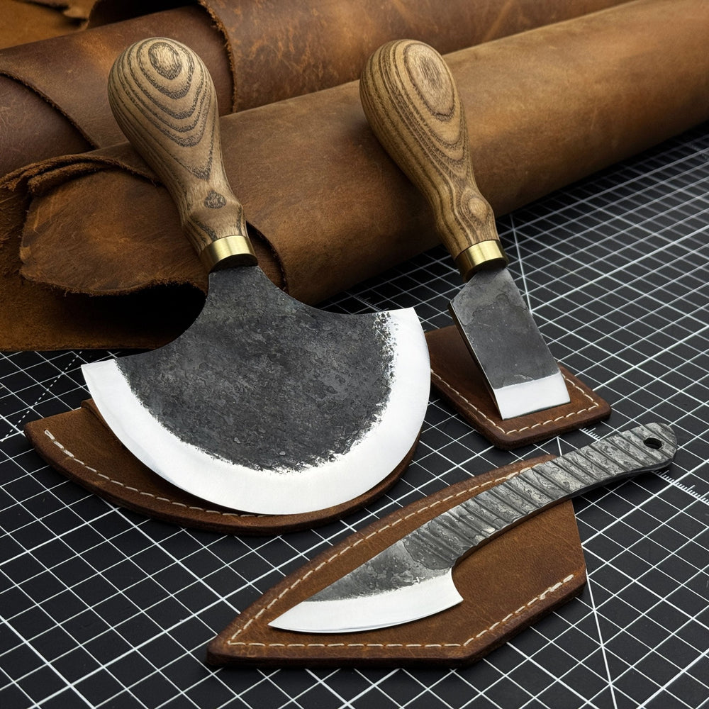 3-piece hand-forged leatherworking knife set with leather sheaths by Sharky Forged Steel Tools
