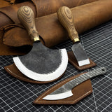 3-piece hand-forged leatherworking knife set with leather sheaths by Sharky Forged Steel Tools