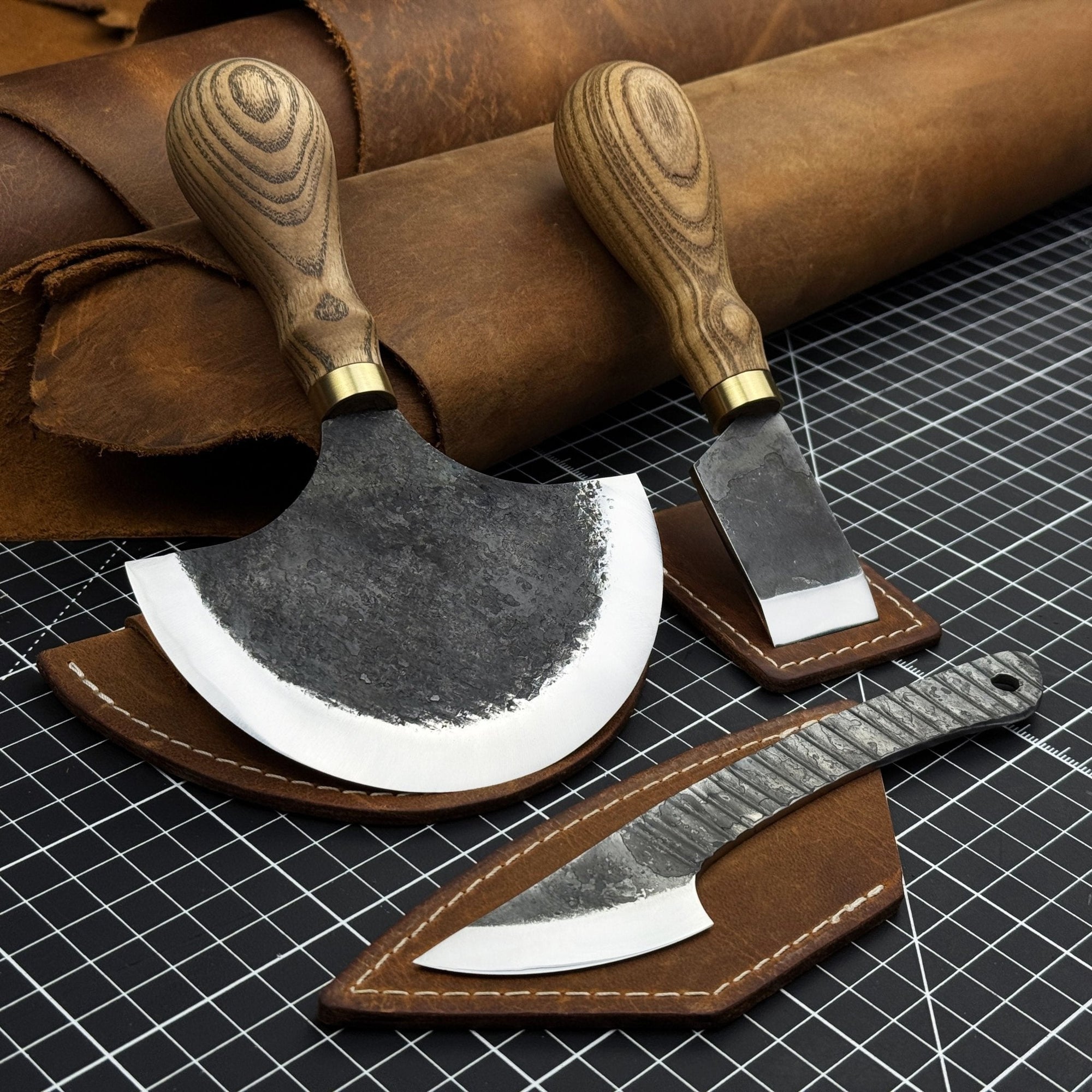 3-piece hand-forged leatherworking knife set with leather sheaths by Sharky Forged Steel Tools