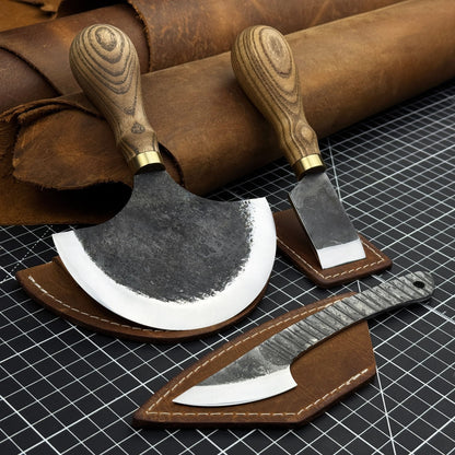 3-piece hand-forged leatherworking knife set with leather sheaths by Sharky Forged Steel Tools