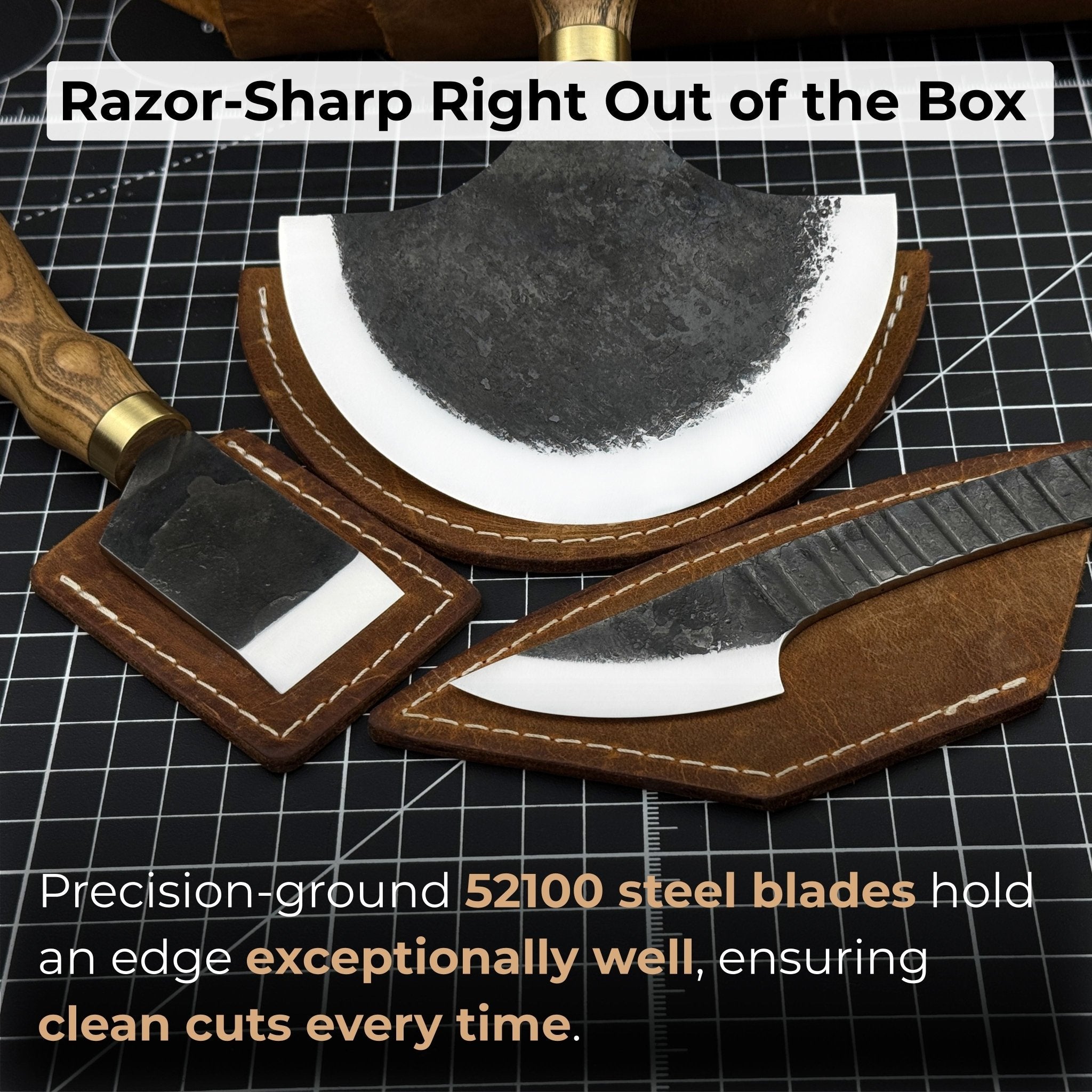 3-piece hand-forged leatherworking knife set with leather sheaths by Sharky Forged Steel Tools