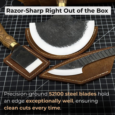 3-piece hand-forged leatherworking knife set with leather sheaths by Sharky Forged Steel Tools