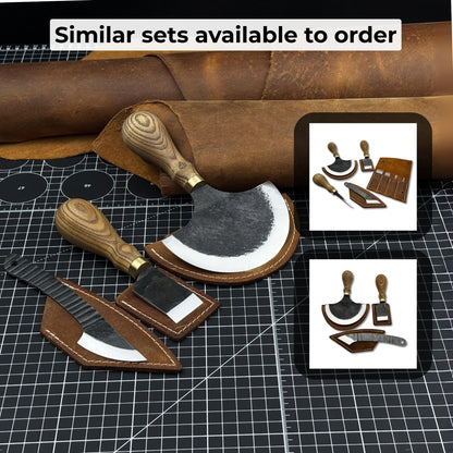 3-piece hand-forged leatherworking knife set with leather sheaths by Sharky Forged Steel Tools