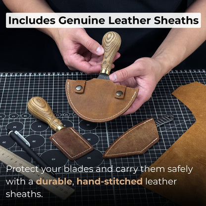 3-piece hand-forged leatherworking knife set with leather sheaths by Sharky Forged Steel Tools