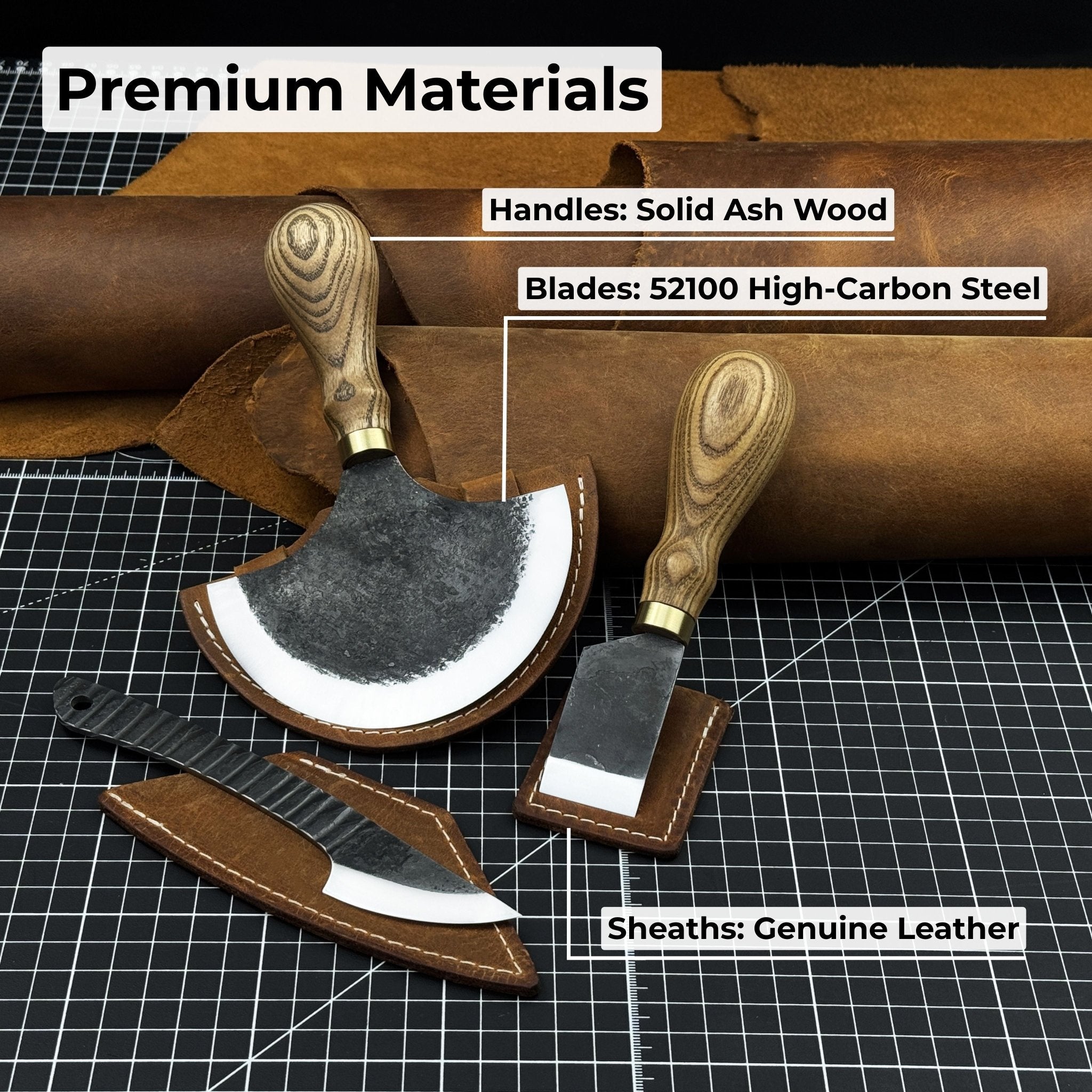 3-piece hand-forged leatherworking knife set with leather sheaths by Sharky Forged Steel Tools