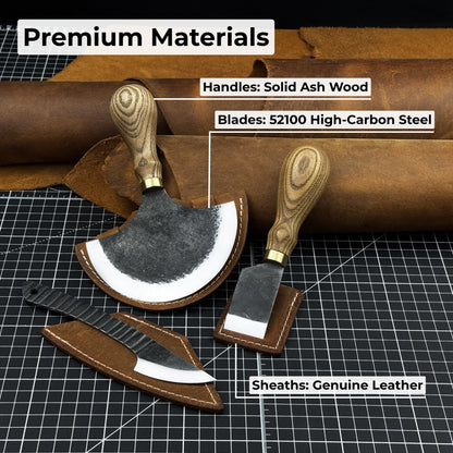 3-piece hand-forged leatherworking knife set with leather sheaths by Sharky Forged Steel Tools