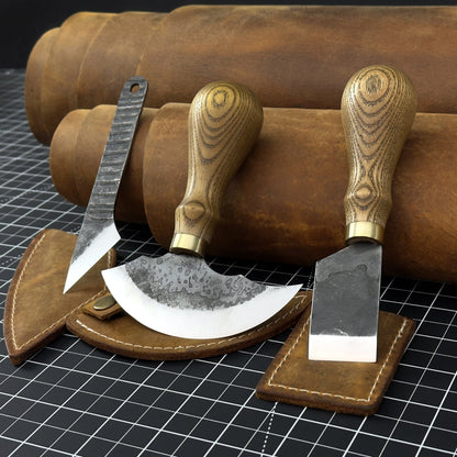3-Piece Leatherworking Tool Set including Leather Round Knife, Straight Skiving Knife, and Marking Knife Kiridashi