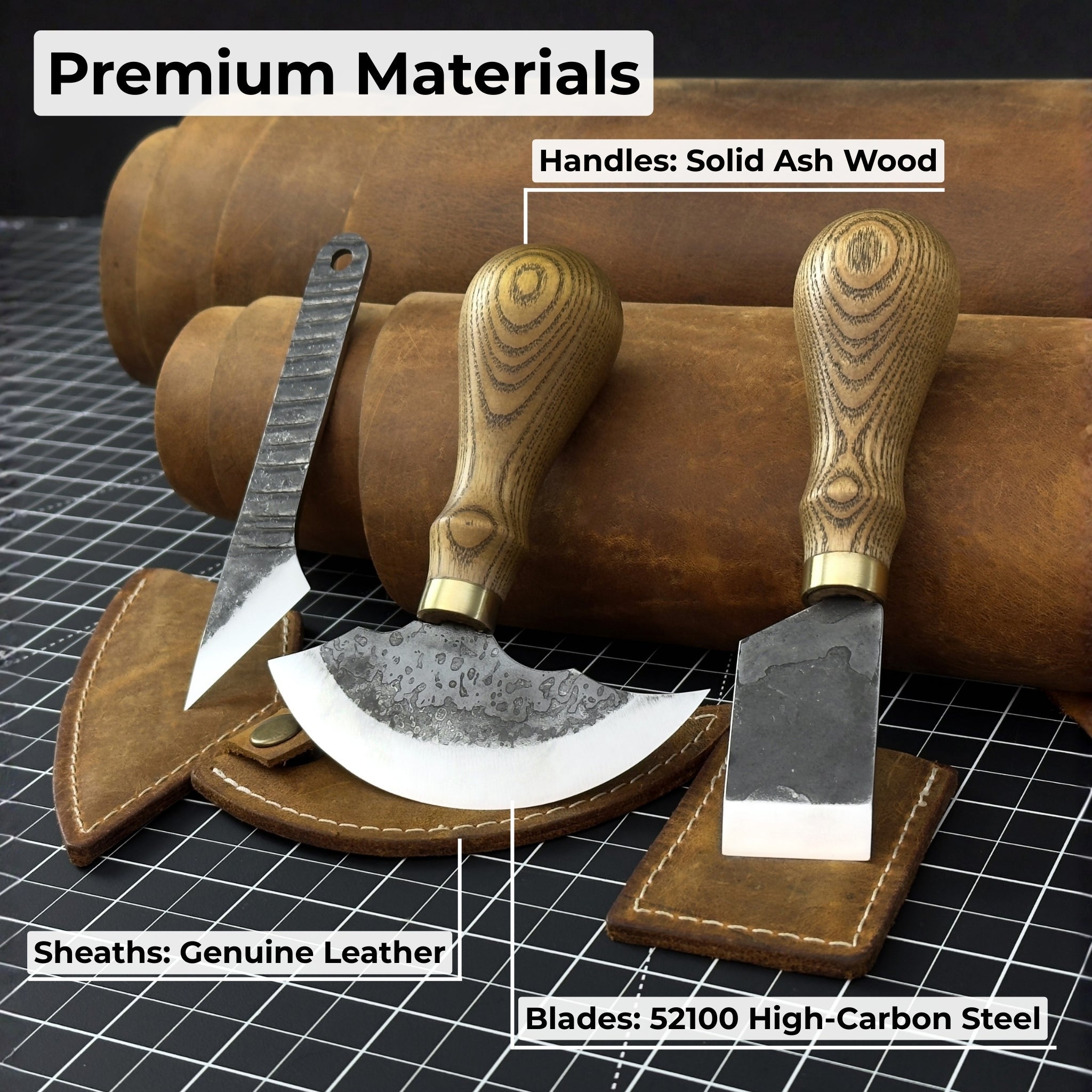 3-Piece Leatherworking Tool Set including Leather Round Knife, Straight Skiving Knife, and Marking Knife Kiridashi