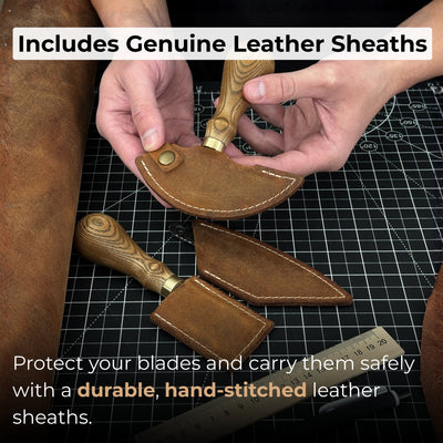 3-Piece Leatherworking Tool Set including Leather Round Knife, Straight Skiving Knife, and Marking Knife Kiridashi
