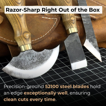 3-Piece Leatherworking Tool Set including Leather Round Knife, Straight Skiving Knife, and Marking Knife Kiridashi