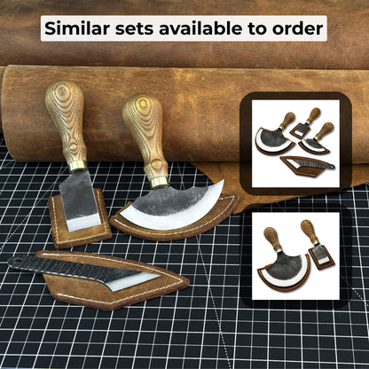 3-Piece Leatherworking Tool Set including Leather Round Knife, Straight Skiving Knife, and Marking Knife Kiridashi