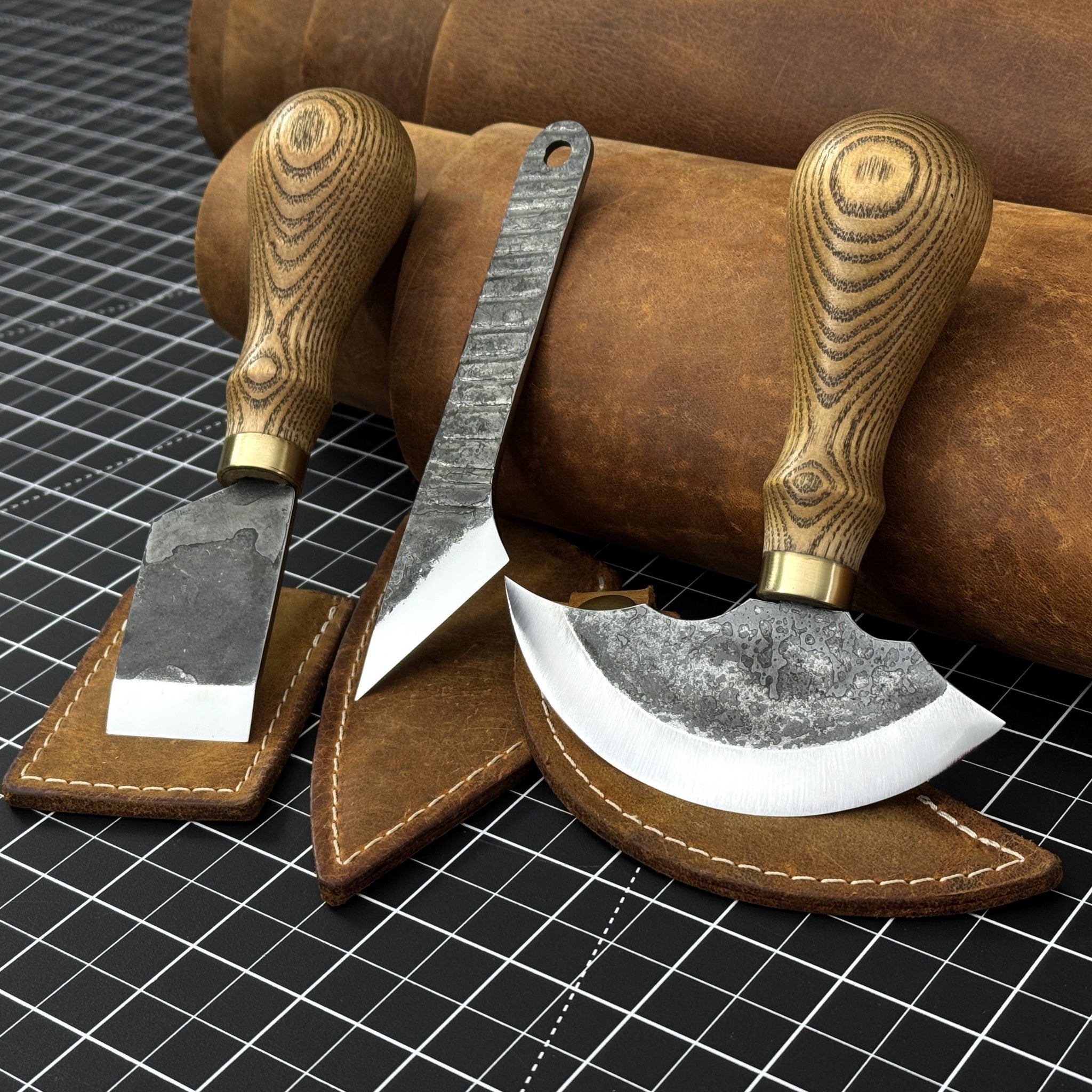 3-Piece Leatherworking Tool Set including Leather Round Knife, Straight Skiving Knife, and Marking Knife Kiridashi
