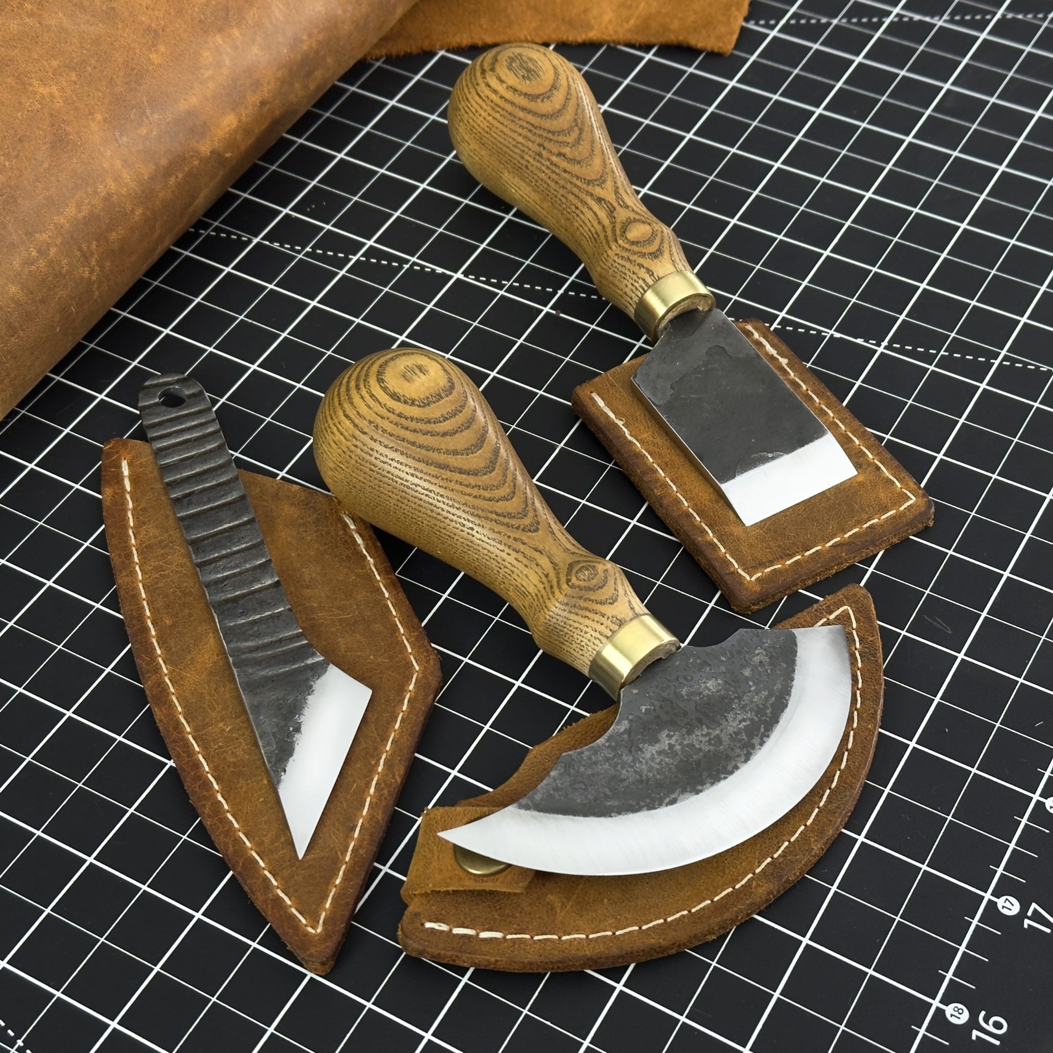 3-Piece Leatherworking Tool Set including Leather Round Knife, Straight Skiving Knife, and Marking Knife Kiridashi