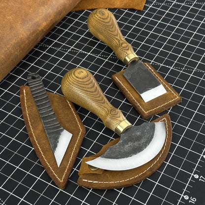 3-Piece Leatherworking Tool Set including Leather Round Knife, Straight Skiving Knife, and Marking Knife Kiridashi