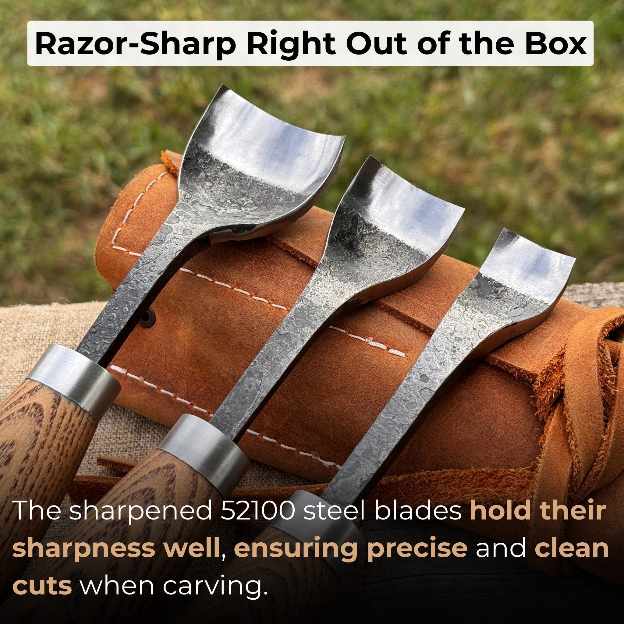 3-Piece Spoon Bent Gouge Set with ergonomic ash wood handles and curved high-carbon steel blades