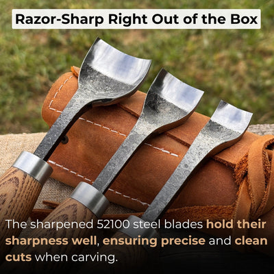 3-Piece Spoon Bent Gouge Set with ergonomic ash wood handles and curved high-carbon steel blades