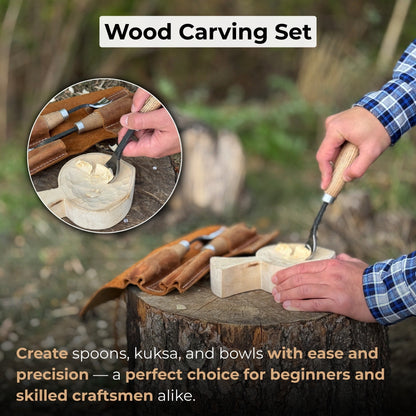 3-Piece Spoon Bent Gouge Set with ergonomic ash wood handles and curved high-carbon steel blades