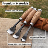 3-Piece Spoon Bent Gouge Set with ergonomic ash wood handles and curved high-carbon steel blades