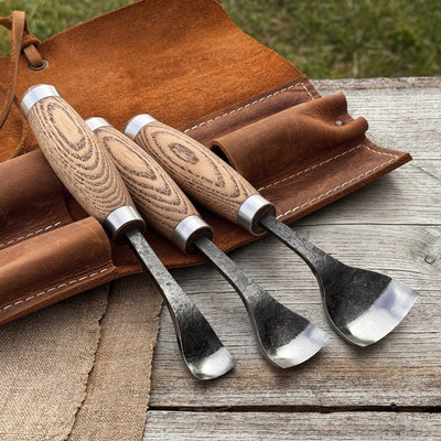 3-Piece Spoon Bent Gouge Set with ergonomic ash wood handles and curved high-carbon steel blades