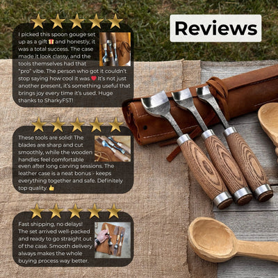 3-Piece Spoon Bent Gouge Set with ergonomic ash wood handles and curved high-carbon steel blades