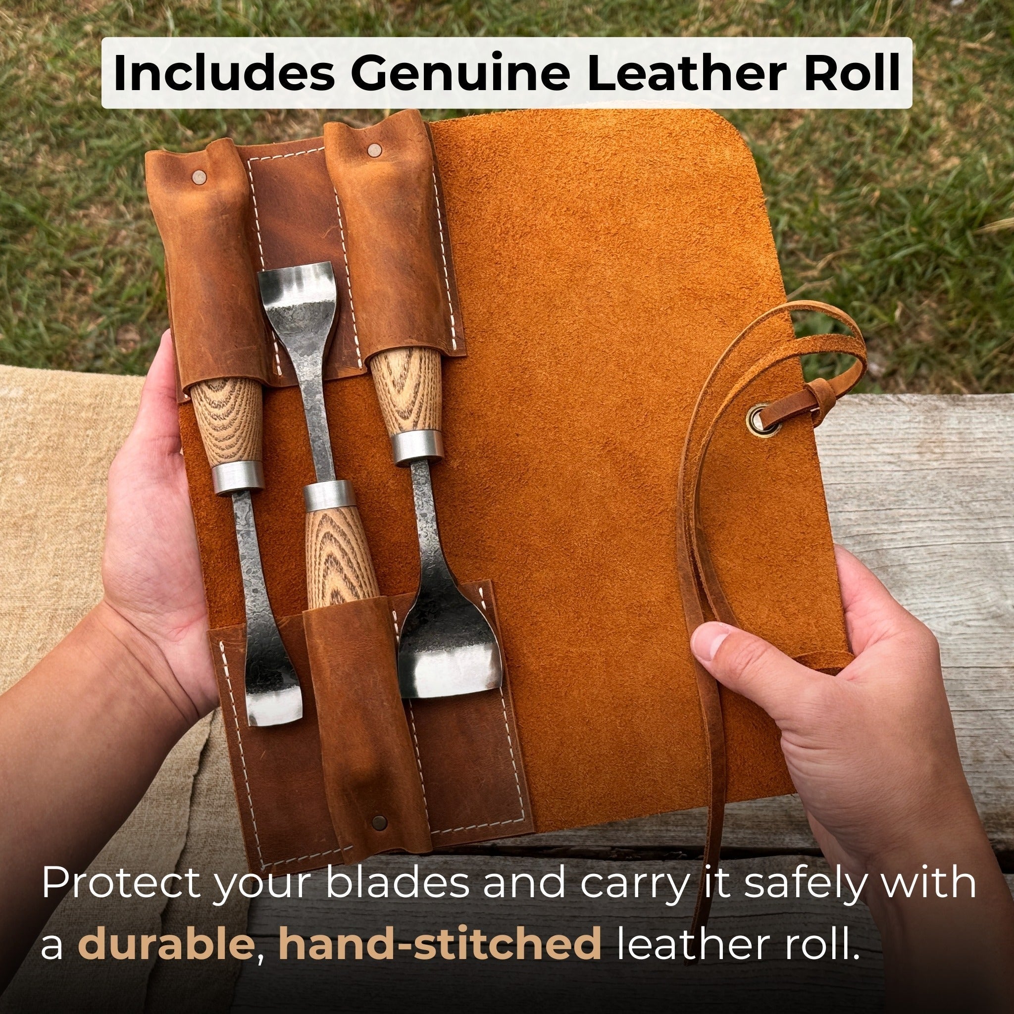 3-Piece Spoon Bent Gouge Set with ergonomic ash wood handles and curved high-carbon steel blades