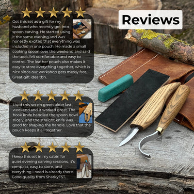 3-piece spoon carving set including whittling knife, hook knife, and leather sharpening strop with ash wood handles