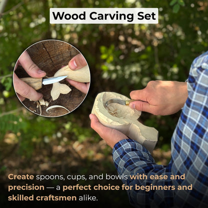 3-piece spoon carving set including whittling knife, hook knife, and leather sharpening strop with ash wood handles