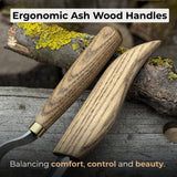 3-piece spoon carving set including whittling knife, hook knife, and leather sharpening strop with ash wood handles