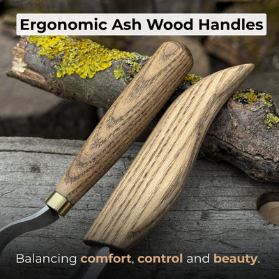 3-piece spoon carving set including whittling knife, hook knife, and leather sharpening strop with ash wood handles