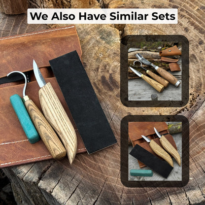 3-piece spoon carving set including whittling knife, hook knife, and leather sharpening strop with ash wood handles
