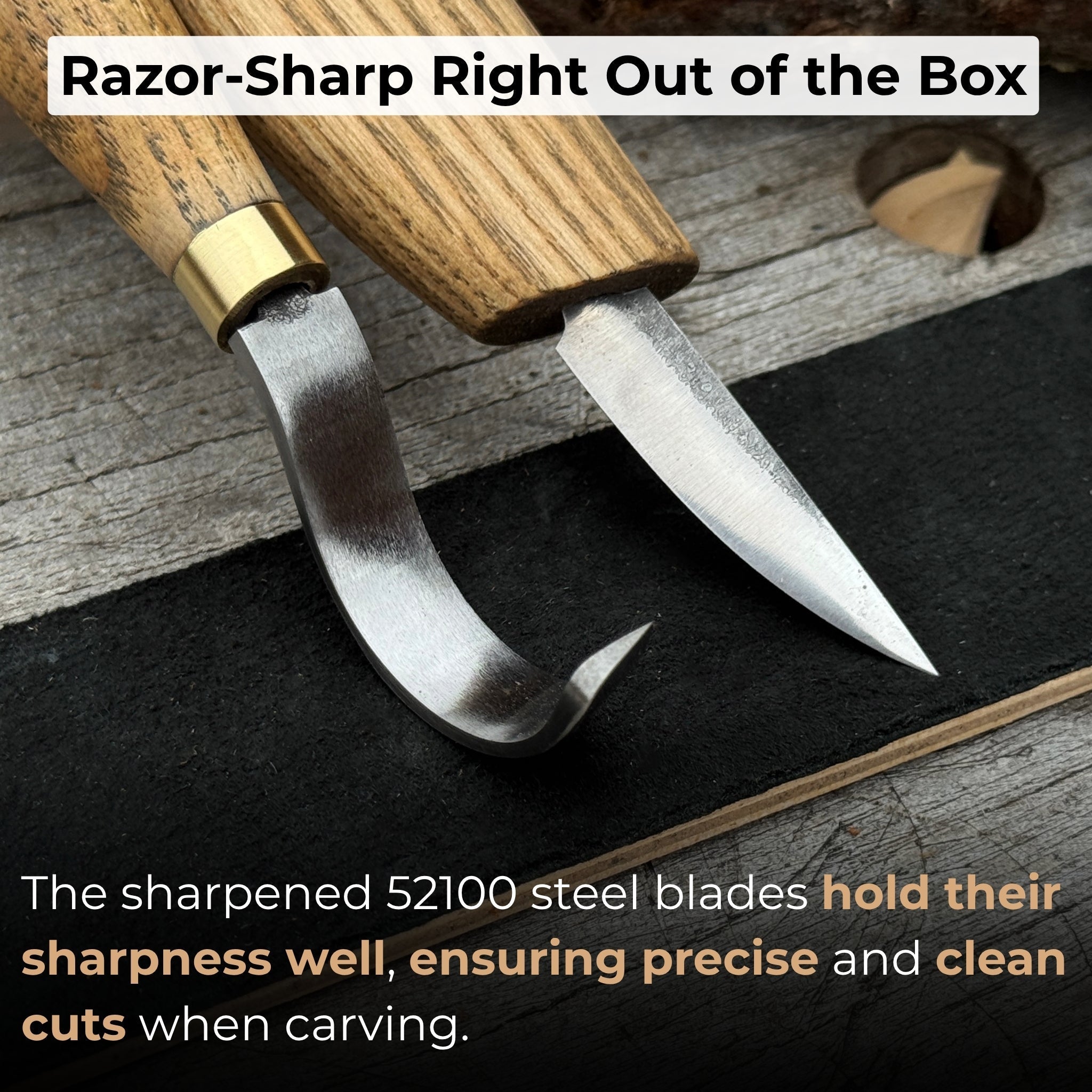 3-piece spoon carving set including whittling knife, hook knife, and leather sharpening strop with ash wood handles
