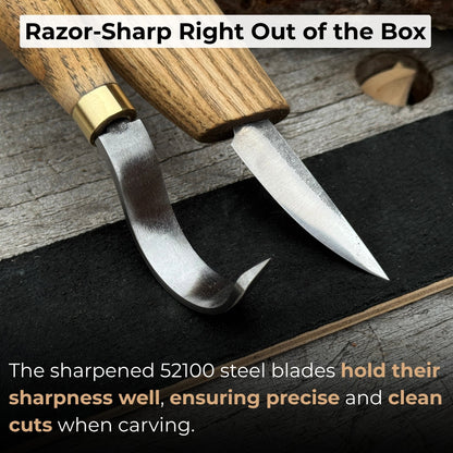 3-piece spoon carving set including whittling knife, hook knife, and leather sharpening strop with ash wood handles