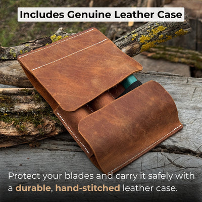 3-piece spoon carving set including whittling knife, hook knife, and leather sharpening strop with ash wood handles