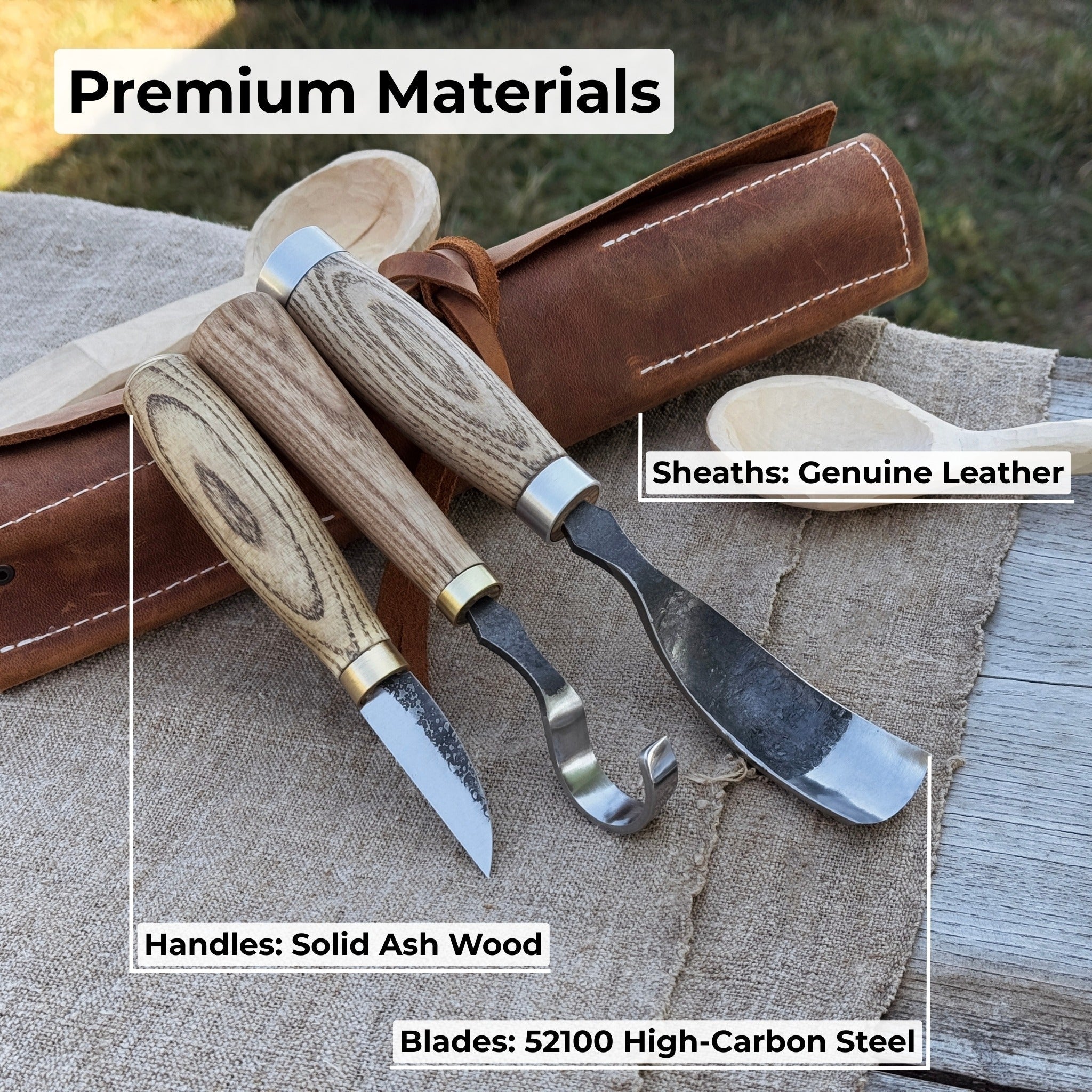 3-piece spoon carving set with leather roll by Sharky Forged Steel Tools showing hook knife, whittling knife, bent gouge, and leather storage roll
