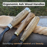 3-piece spoon carving set with leather roll by Sharky Forged Steel Tools showing hook knife, whittling knife, bent gouge, and leather storage roll