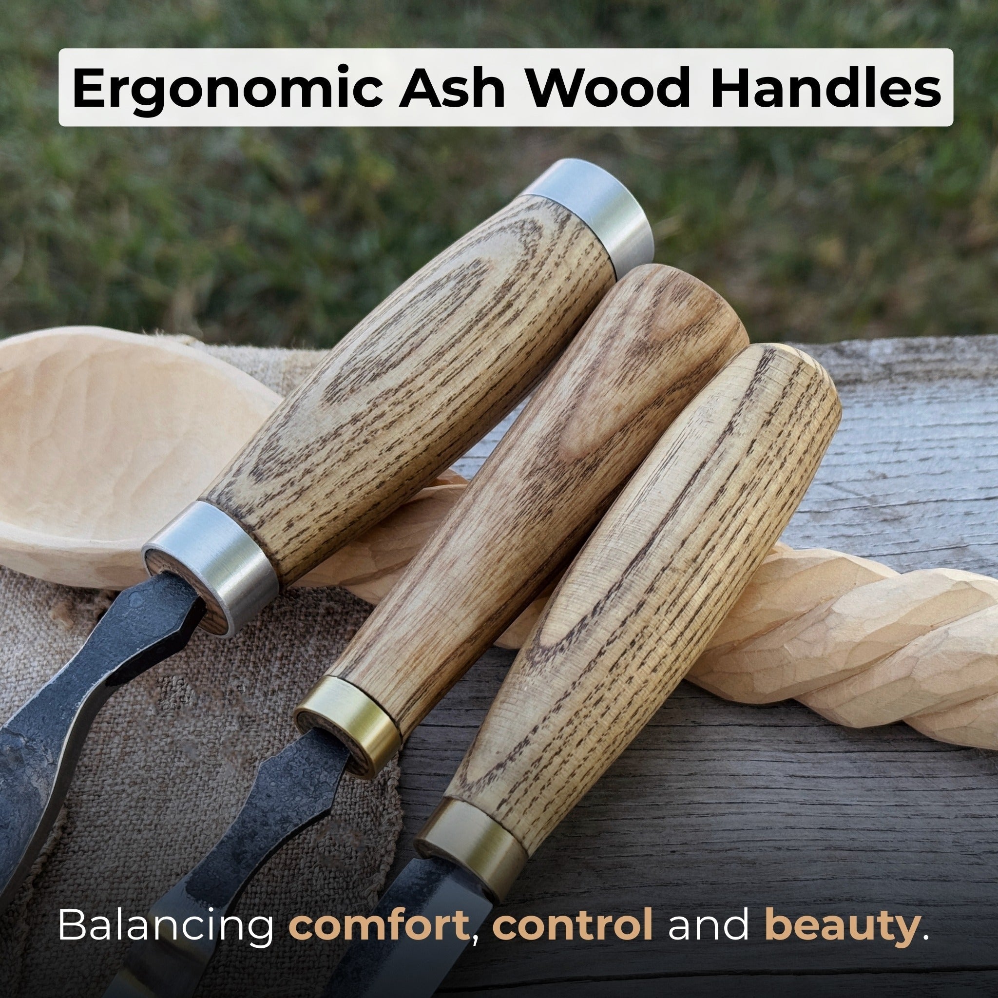 3-piece spoon carving set with leather roll by Sharky Forged Steel Tools showing hook knife, whittling knife, bent gouge, and leather storage roll