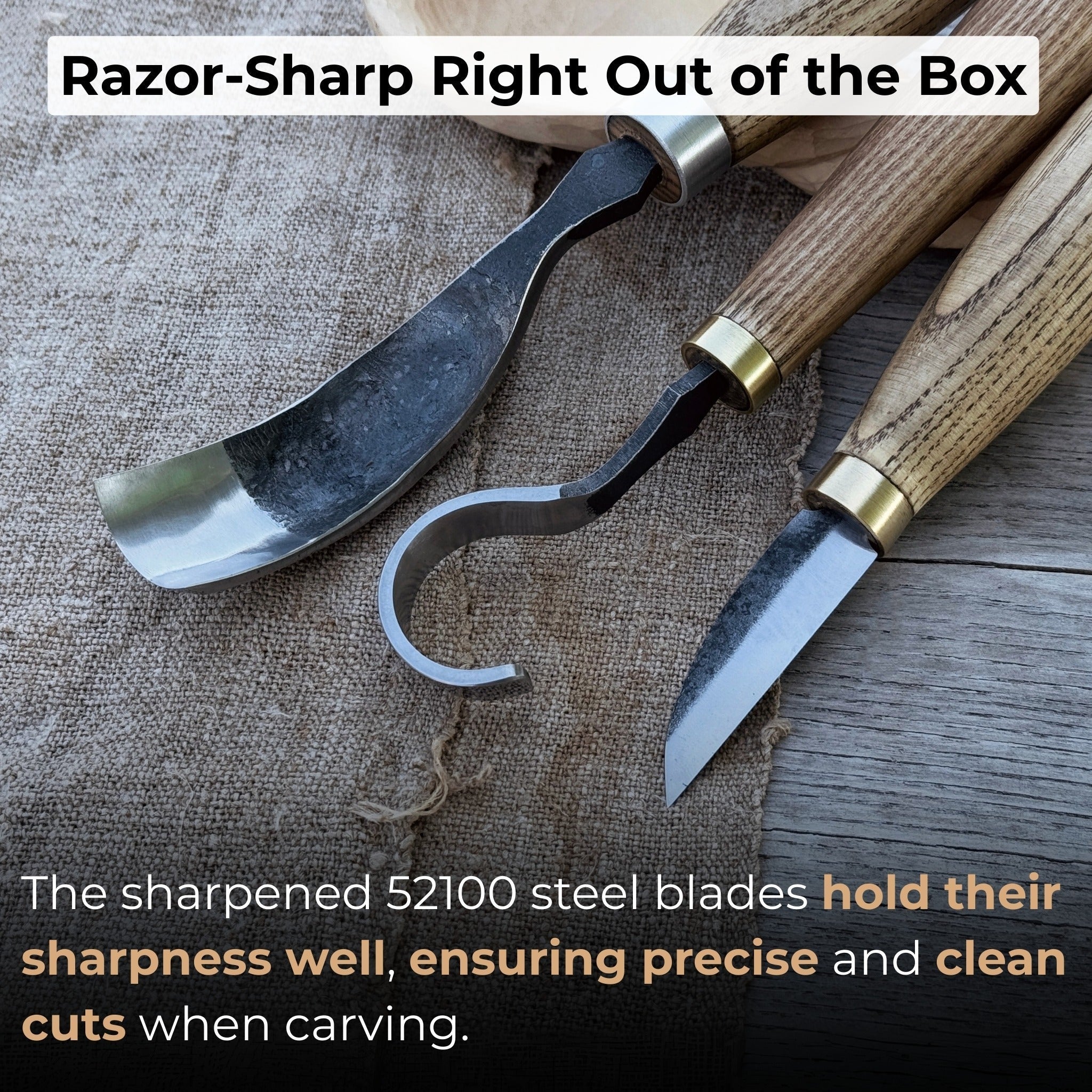 3-piece spoon carving set with leather roll by Sharky Forged Steel Tools showing hook knife, whittling knife, bent gouge, and leather storage roll
