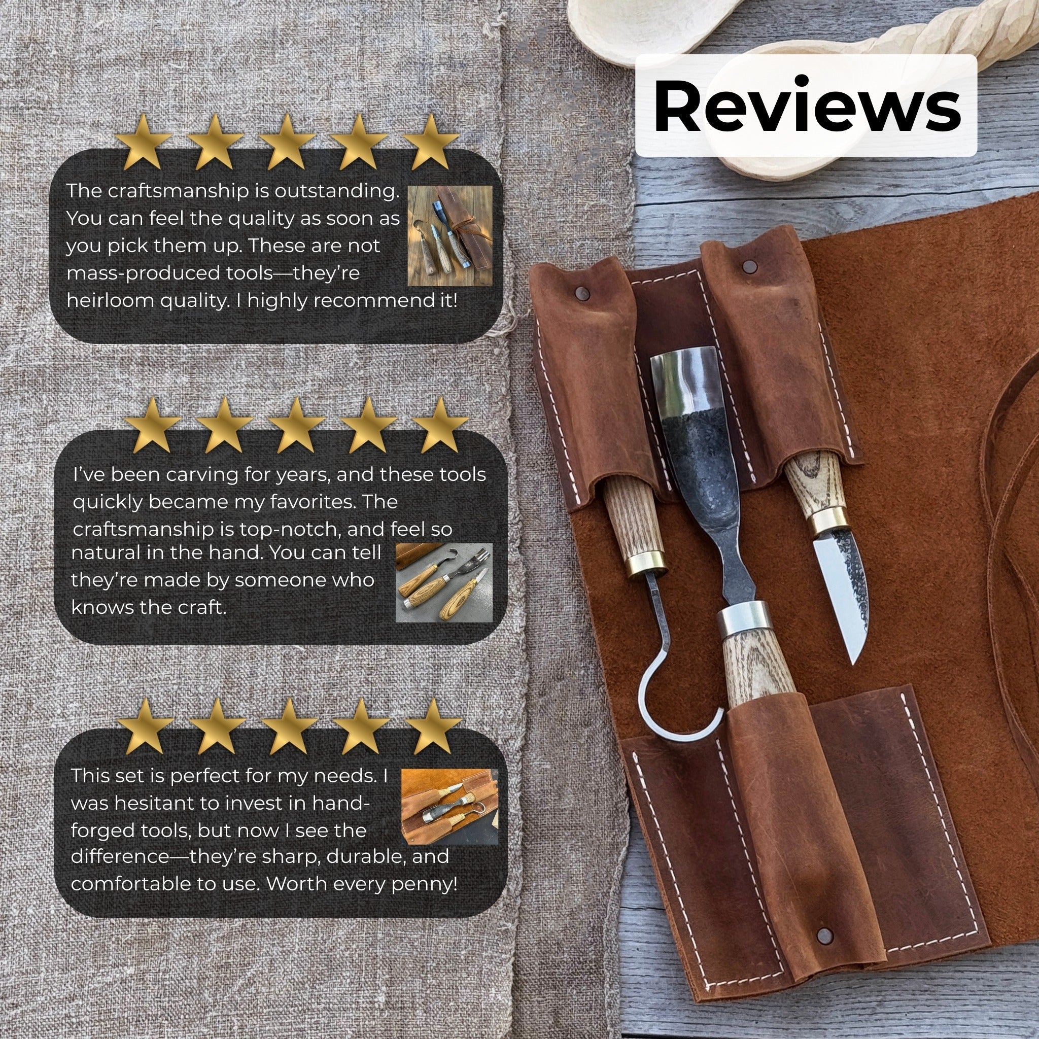 3-piece spoon carving set with leather roll by Sharky Forged Steel Tools showing hook knife, whittling knife, bent gouge, and leather storage roll