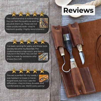 3-piece spoon carving set with leather roll by Sharky Forged Steel Tools showing hook knife, whittling knife, bent gouge, and leather storage roll