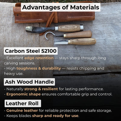 3-piece spoon carving set with leather roll by Sharky Forged Steel Tools showing hook knife, whittling knife, bent gouge, and leather storage roll