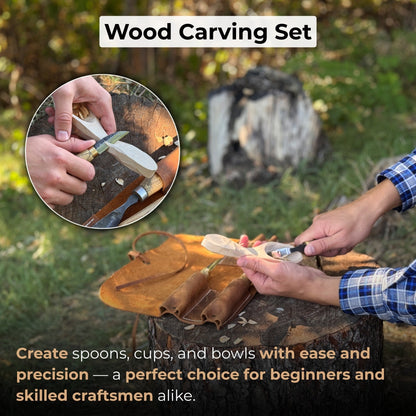 3-piece spoon carving set with leather roll by Sharky Forged Steel Tools showing hook knife, whittling knife, bent gouge, and leather storage roll