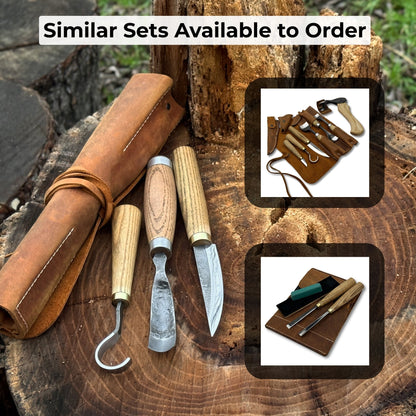 3-piece spoon carving tool set with hand-forged steel blades and ash wood handles