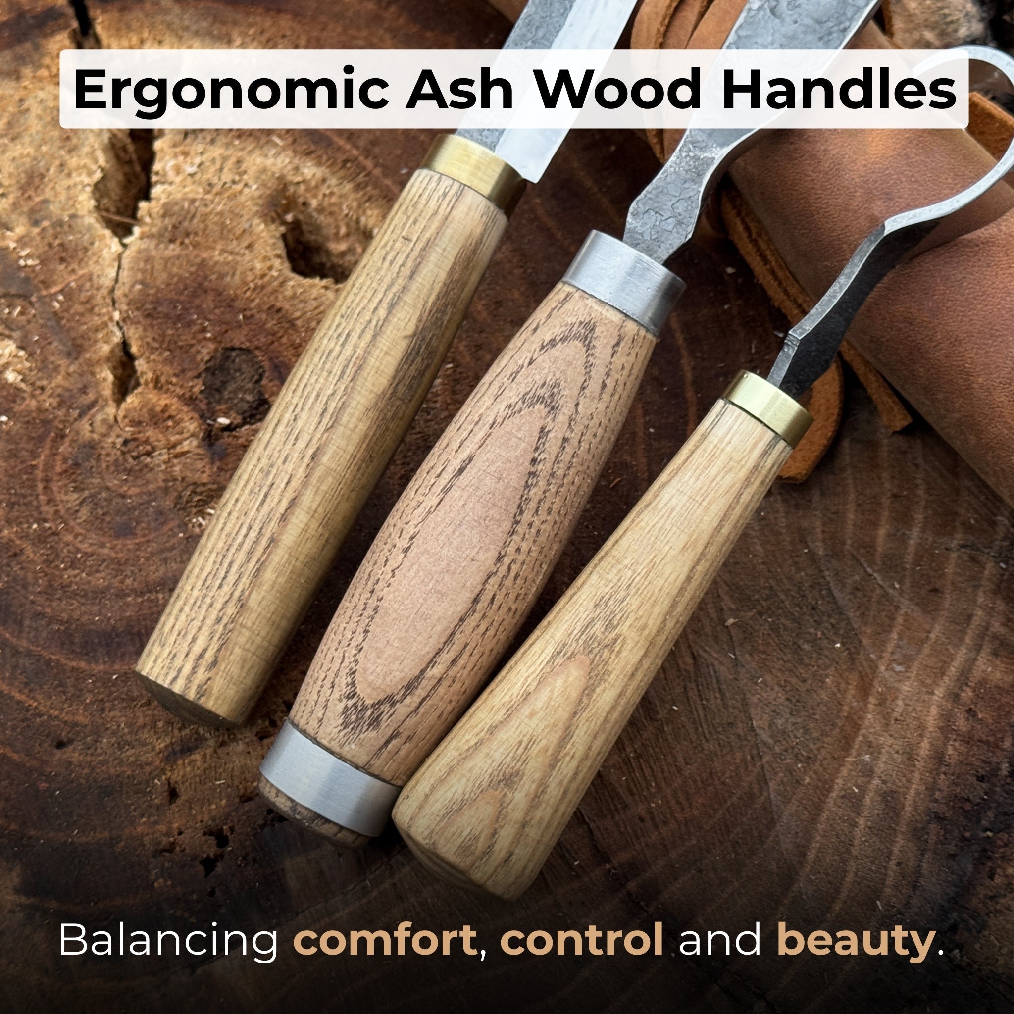 3-piece spoon carving tool set with hand-forged steel blades and ash wood handles