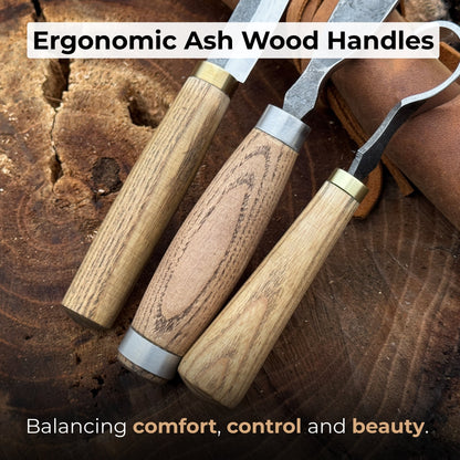 3-piece spoon carving tool set with hand-forged steel blades and ash wood handles
