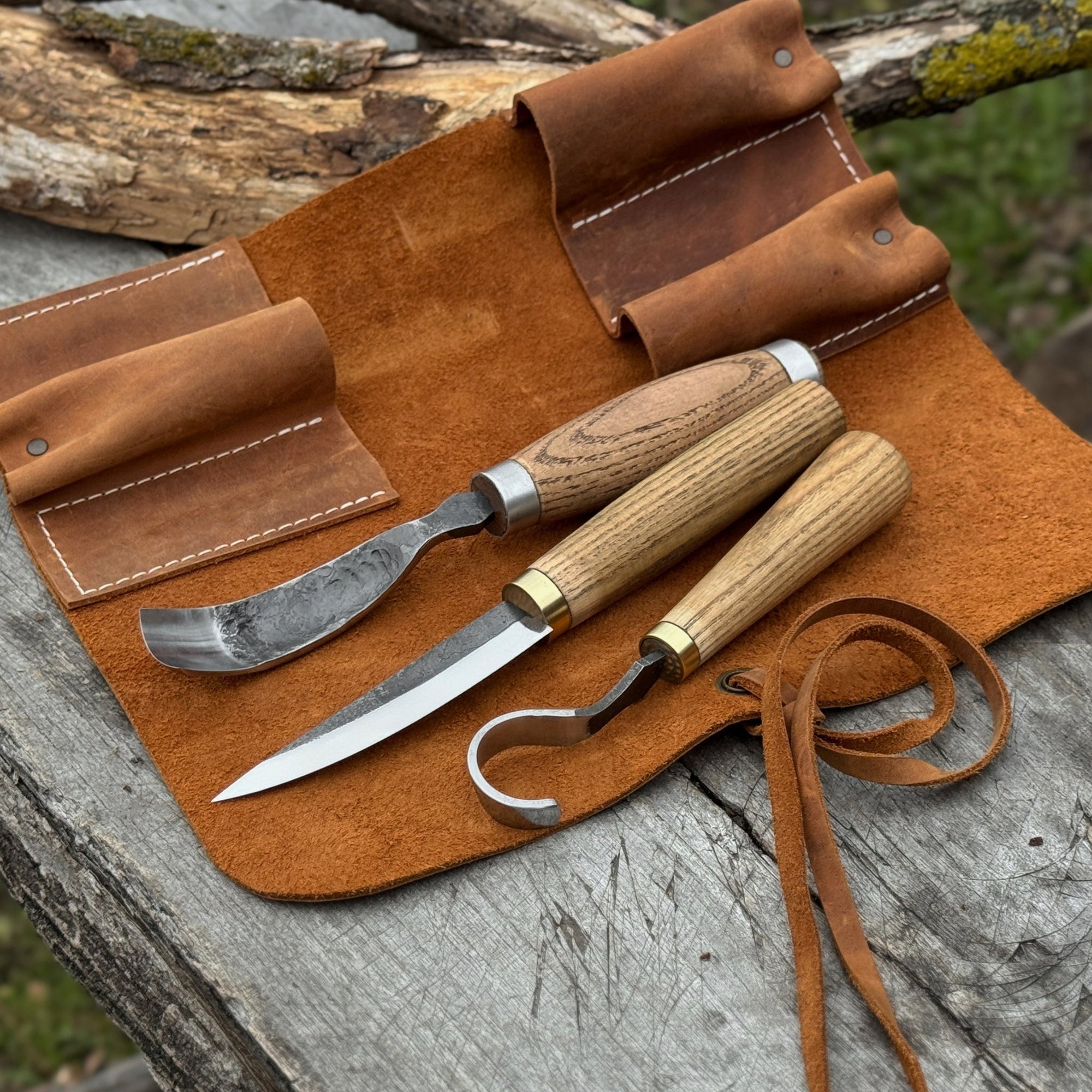 3-piece spoon carving tool set with hand-forged steel blades and ash wood handles